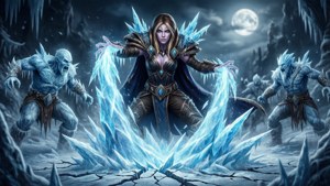 Jaina membekukan musuh dan tanah dengan mantra es yang kuat, cahaya bulan dramatis.