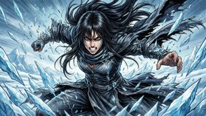 Veil Manga i en stridsposition med isbitar i ett arktiskt landskap.