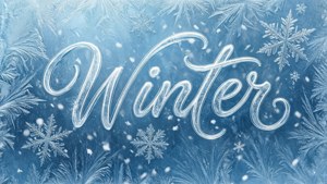 Elegante weiße Kalligrafie 'Winter' auf einem vereisten eisblauen Hintergrund mit fallenden Schneeflocken.