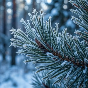 Komplizierte Frostkristalle auf Kiefernnadeln im Kiruna-Wald.