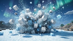Esplosione in una tundra innevata di Minecraft con aurore boreali.