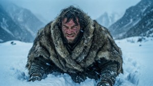 Rufus Barma em tempestade de neve com capa de pele, montanhas.