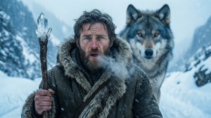 Etienne Bosch brave un blizzard de montagne enneigé avec un loup comme compagnon.