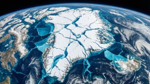 Et vitenskapelig abstrakt satellittbilde av iskappen i Polhavet med geometriske sprekkmønstre.