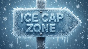 Een close-up van een bevroren wegwijzer in de Ice Cap Zone met besneeuwde achtergrond.