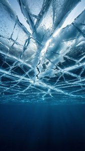 Une vue sous-marine d'une surface océanique gelée avec des fissures et de la lumière pénétrante, texture froide et glacée.