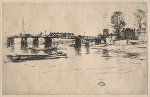 Fulham by James McNeill Whistler, created 1878–79, in etching. Download this artwork as a high-resolution wallpaper for desktop, tablet, or mobile. — James McNeill Whistler Wallpaper