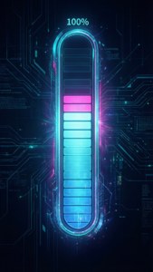 Neon 100% progress bar on dark tech background.