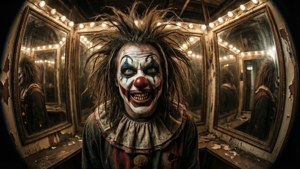 Badut Juggalo di rumah hiburan dengan cermin terdistorsi dan pencahayaan menyeramkan