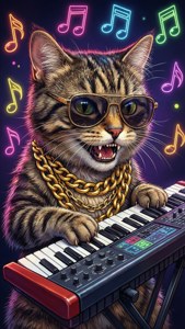 Een coole kat met zonnebril die een synthesizer speelt in neonkleuren
