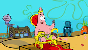 Patrick Star mit Krone sitzt auf einem Thron, hält ein Getränk unter Wasser in der Nähe seines Ananas-Hauses.