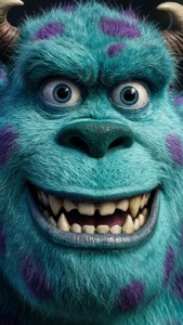 Een macrobeeld van Sulleys harige gezicht met nadruk op zijn textuur en kleuren.