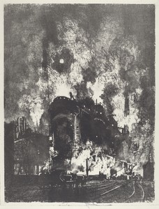 Furnaces at Night by Joseph Pennell, created 1916, in lithograph. Download this artwork as a high-resolution wallpaper for desktop, tablet, or mobile. — Joseph Pennell Wallpaper