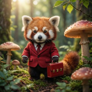 Seekor panda merah yang lucu dengan setelan merah mini di hutan ajaib.