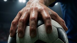 Makro 3D-rendering av futsalspelarens hand som greppar bollen med svett och dramatisk belysning.