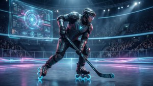 Jogador de hóquei sobre patins sci-fi em uma arena holográfica de alta tecnologia