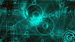 Design de circuito digital verde-azulado brilhante com formas interconectadas em fundo escuro — Fundo pastel azul Fundos