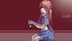 Anime girl with pink hair holding a knife in a school uniform against red background. — Future diary Picture
