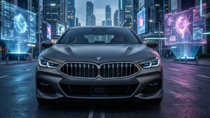 Mattaharmaa BMW 8 -sarja futuristisessa neonkaupungissa