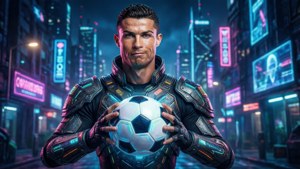 Un fond d'écran inspiré de la science-fiction de Ronaldo en guerrier futuriste, mêlant sport et cyberpunk.