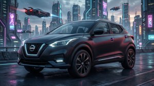 Matt schwarzer Nissan Kicks in einer futuristischen Cyberpunk-Stadt.