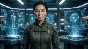 Maggie Q sebagai tentara fiksi ilmiah di pusat komando dengan hologram.