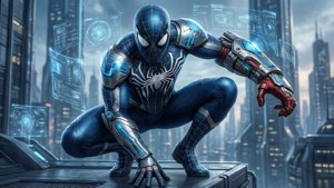 Spider-Man in geavanceerde Spider-Armor op een futuristisch gebouw in deze sci-fi-achtergrond.
