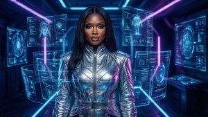 Kiyah Wright dalam adegan fiksi ilmiah futuristik dengan holografik dan lampu neon