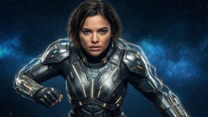 En sci-fi-vægbaggrund af Pom Klementieff i avanceret rustning klar til kamp.