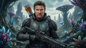 Jeremy Renner come un guerriero futuristico su un pianeta alieno