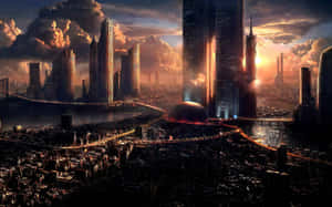 Horizonte futurista de la ciudad al atardecer con rascacielos brillantes y dramáticas nubes naranjas — Fantasía Urbana Fondo Fondos de pantalla