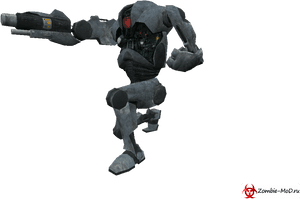 A gray robotic soldier with glowing red eyes aims a large gun. — Droid PNG