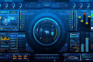 Futuristisches blaues digitales Bedienfeld mit leuchtenden Messgeräten und Datenanzeigen.