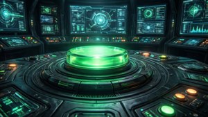 Un pulsante verde luminoso su un complesso pannello di controllo futuristico.