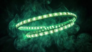 Strip LED mengambang bersinar hijau terang di atmosfer berasap gelap, surealis