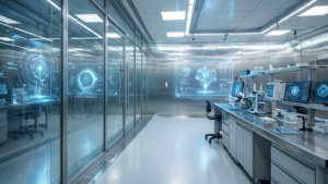 A sleek laboratory with ray-traced reflections on glass and metal, and holographic displays.