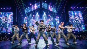 Stray Kids se apresentando com hologramas e lasers em um palco futurista.