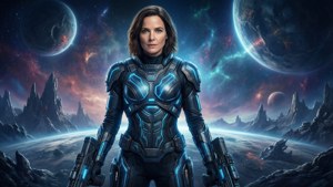 Hayley Atwell come guerriera fantascientifica su un mondo alieno.