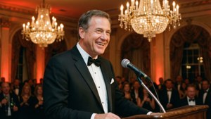 Jon Corzine at a charity gala giving a speech in a tuxedo