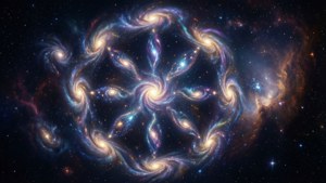Une Roue du Dharma cosmique composée de huit galaxies tourbillonnantes et de courants stellaires