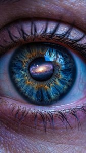 Close-up of an eye reflecting a vibrant spiral galaxy. — Trippy iPhone Wallpaper