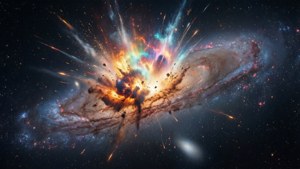 En supernova i en spiralgalakse skaber en farverig tåge.