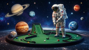 Un campo da mini golf a tema spaziale tra pianeti e stelle, con un astronauta che effettua un colpo.