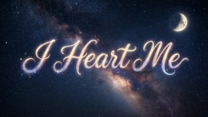 Himmelsk scene med stjerner, måne og glødende 'I Heart Me' skrift