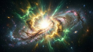 Uma supernova iluminando nuvens de gás em uma galáxia espiral com verdes e amarelos vívidos