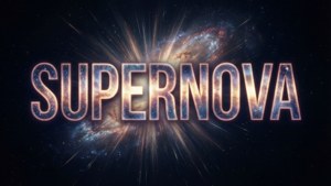 En typografisk bakgrunn med ordet SUPERNOVA i fet galaktisk skrift og en subtil burst-effekt bak.
