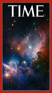Kosmisk galakse indrammet af Time Magazines røde kant, surrealistisk rumscene.