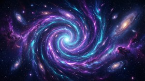 A mesmerizing cosmic vortex with swirling galaxies in neon colors.