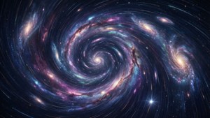 A cosmic vortex of swirling galaxies in deep space with vibrant nebulas.