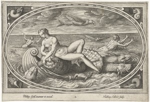 Galatea by Adriaen Collaert, created 1570 - 1618, in paper; engraving. Download this artwork as a high-resolution wallpaper for desktop, tablet, or mobile. — Adriaen Collaert Wallpaper